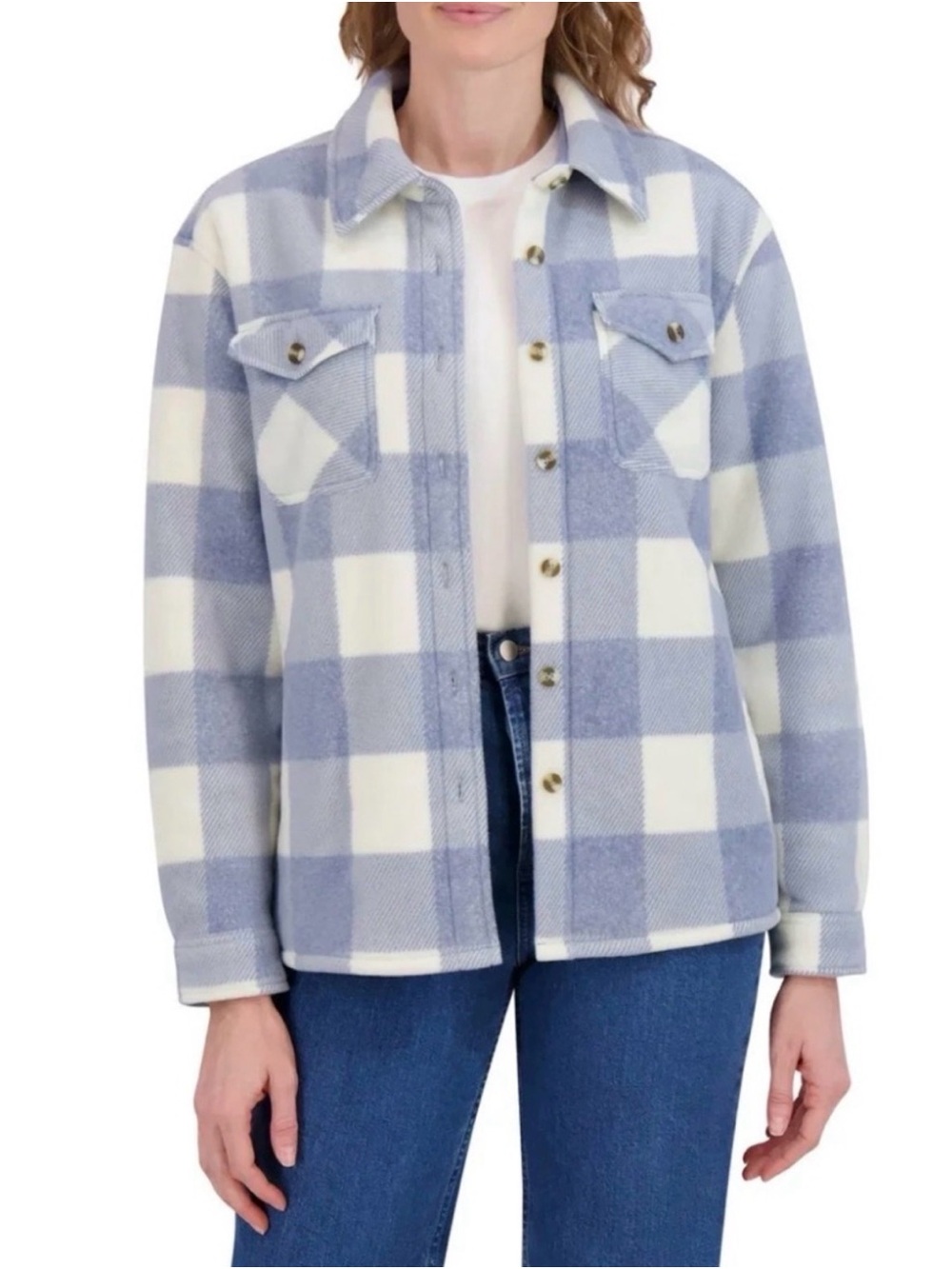 Blue & White Plaid Shacket Jacket for Women